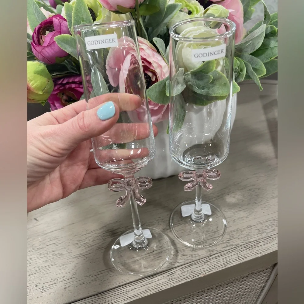 Pink Bow Ribbon Coquette Glass Champagne Flute Glasses Set of 2 NWT